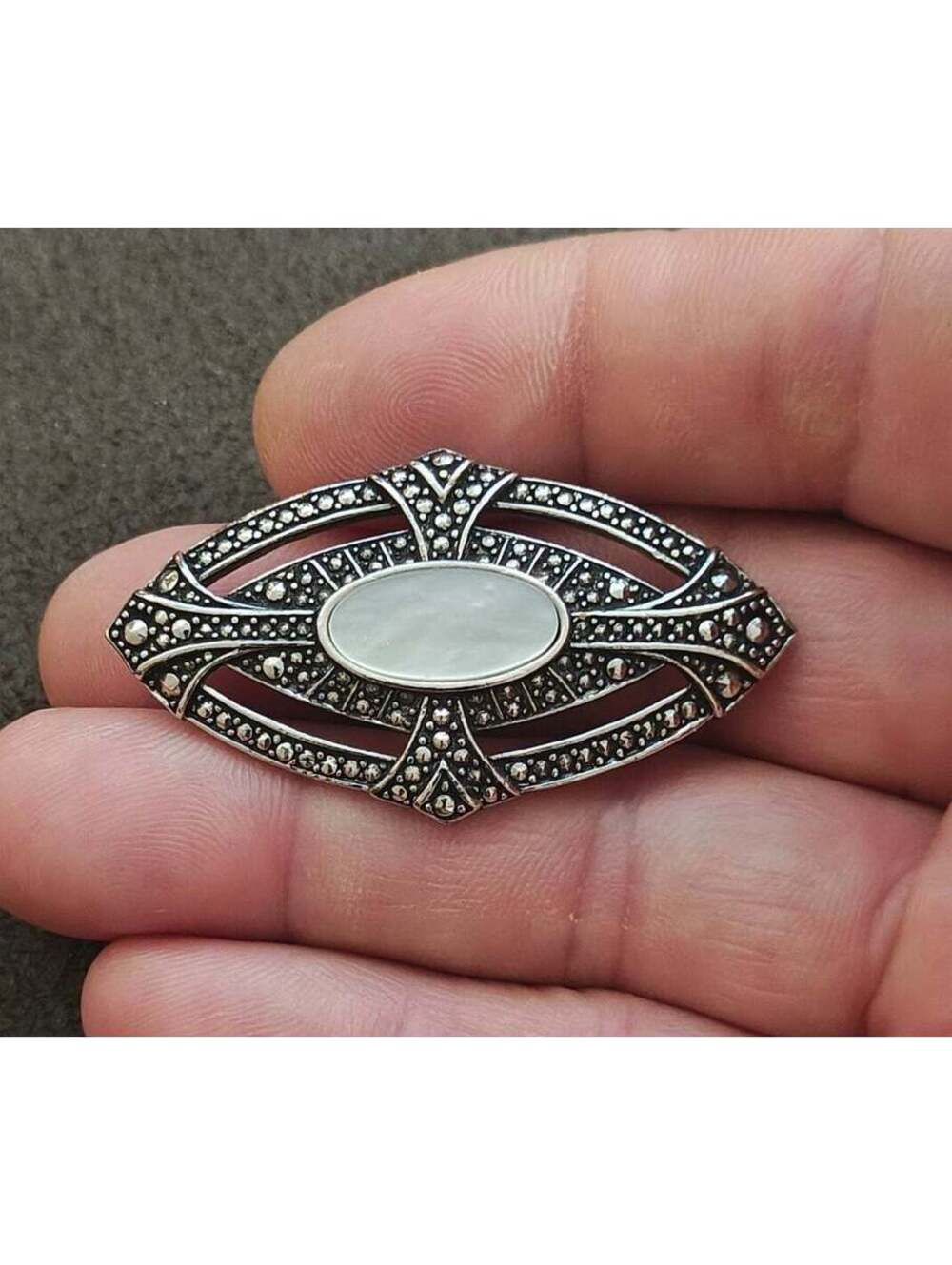 1980s Art Deco Style Marcasite & Mother of Pearl Silver Tone Brooch Pin